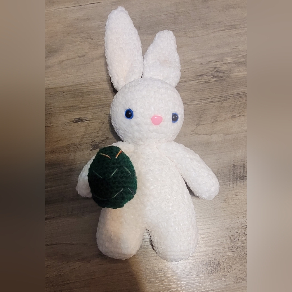 White Plush Bunny with Green Easter Egg
